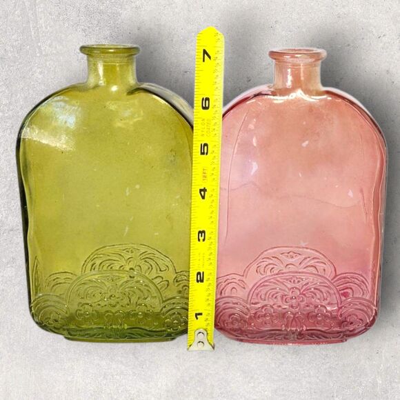 Vidrios De Levante Recycled Glass Bottles Pink & Green Embossed Spain MCM Decor - Picture 10 of 10